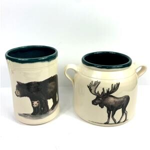 Stoneware Bear Moose Cabin Country Crock Set Utensil Holder by Great Bay Pottery
